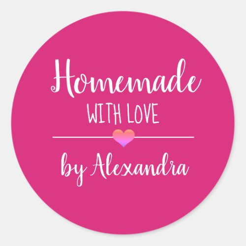 Homemade with love pink script name  classic round sticker