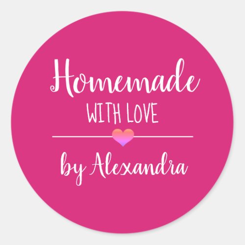 Homemade with love pink white script name classic round sticker