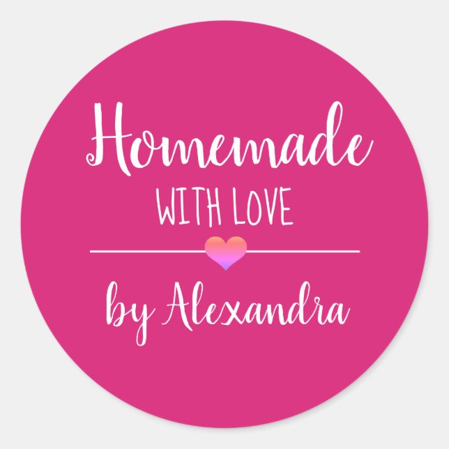Homemade with love pink white script name classic round sticker (Front)
