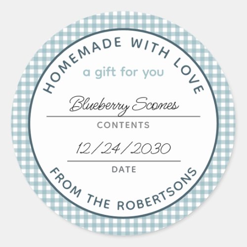 Homemade with Love Product Name Teal Gingham Classic Round Sticker