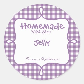 Homemade With Love Purple Gingham Classic Round Sticker by KaleenaRae at Zazzle