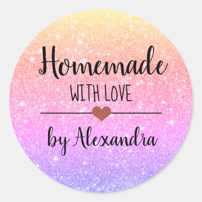 Homemade with love rainbow glitter script  classic round sticker (Front)