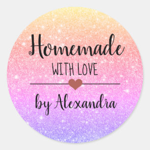 Homemade with love rainbow glitter script  classic round sticker