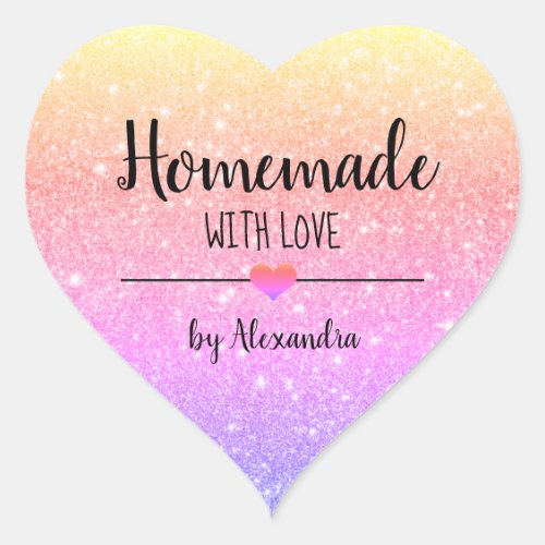 Homemade with love rainbow glitter script name heart sticker