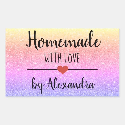 Homemade with love rainbow glitter script  rectangular sticker