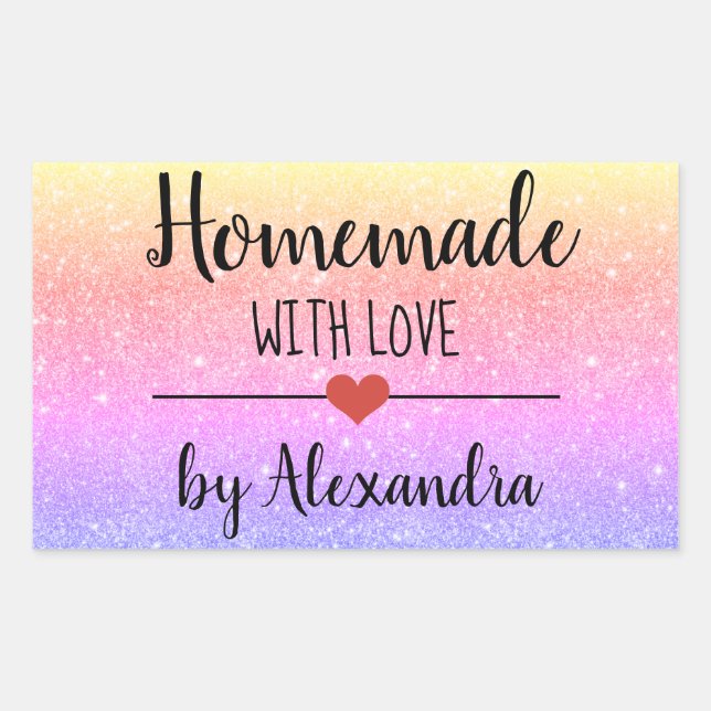 Homemade with love rainbow glitter script  rectangular sticker (Front)