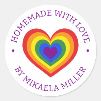 Homemade With Love Rainbow Heart Custom Name Classic Round Sticker