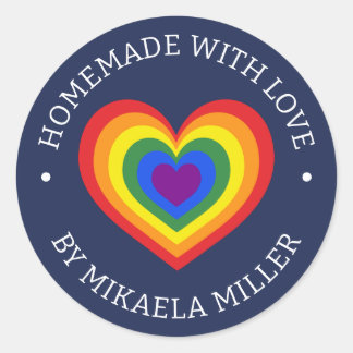 Homemade With Love Rainbow Heart Custom Name Navy Classic Round Sticker