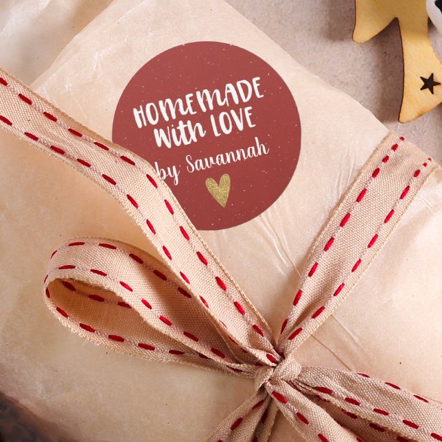 Homemade With Love Red Rustic Christmas Classic Round Sticker (Red homemade with love sticker. The background has small white speckles. Great for Christmas gifts!)