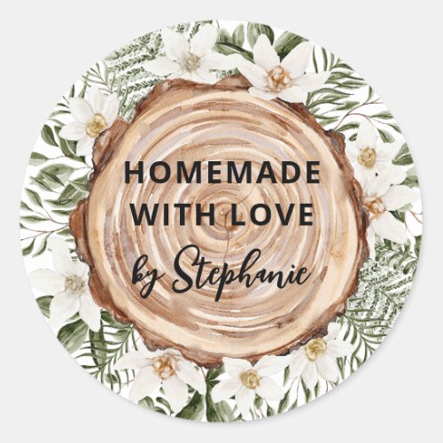 Homemade with Love Rustic Wood Slice Floral Classic Round Sticker