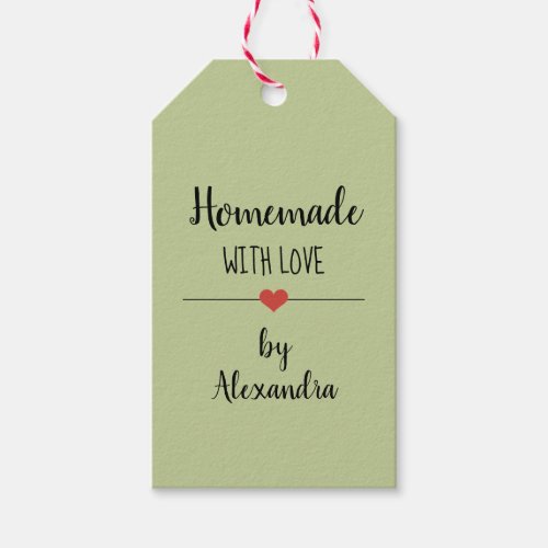 Homemade with love sage green script name gift tags