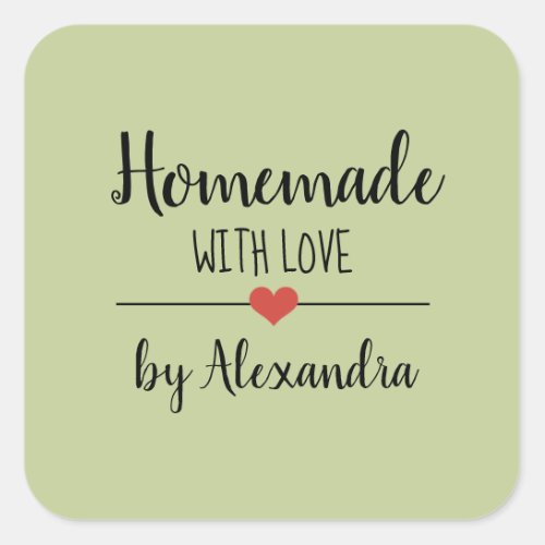 Homemade with love sage green script name square sticker