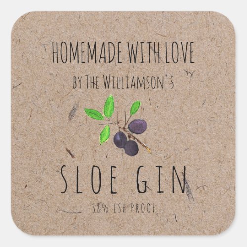 Homemade with Love Sloe Gin Kraft Paper Square Sticker