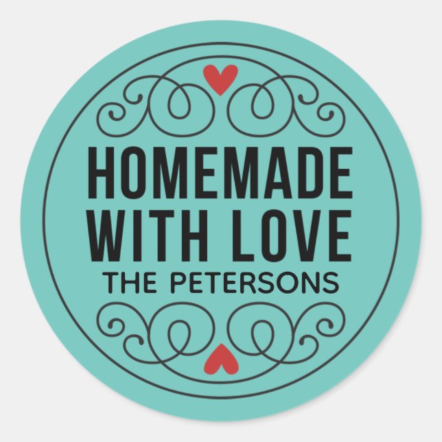 Homemade With Love Teal Classic Round Sticker (Front)