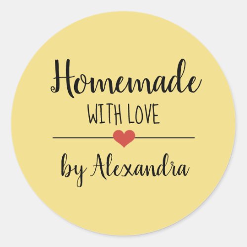 Homemade with love yellow script custom classic round sticker