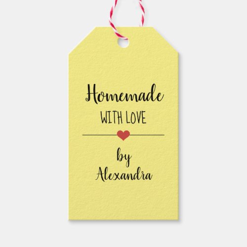 Homemade with love yellow script name gift tags