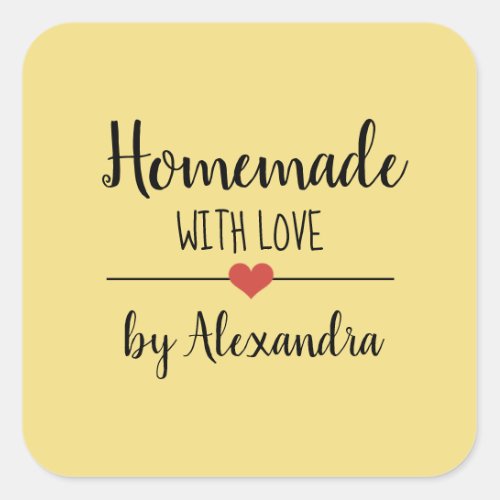 Homemade with love yellow script name square sticker