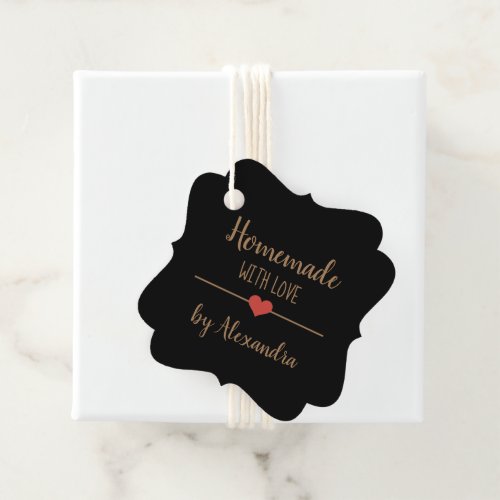 Homemade with loveblack and gold favor tags