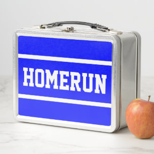 HOMERUN Fun Bright Blue Sporty Text White Stripes Metal Lunch Box