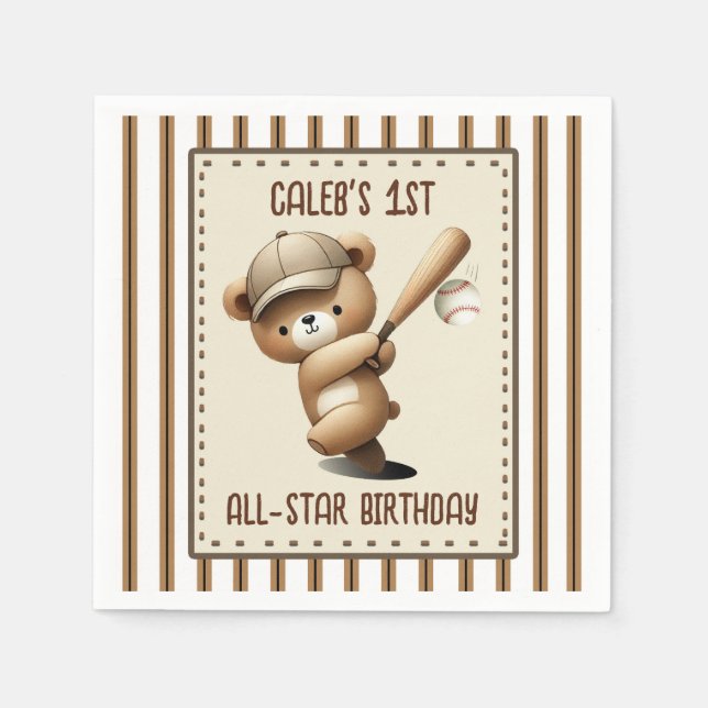 Homerun Hitter Baseball Bear 1st Birthday Party Napkins (Front)