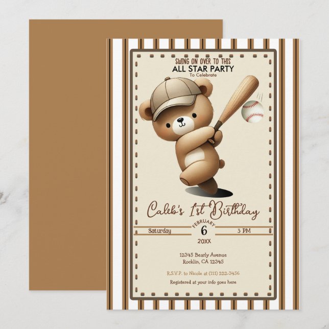 Homerun Hitter Stripe Baseball Bear 1st Birthday  Invitation (Front/Back)