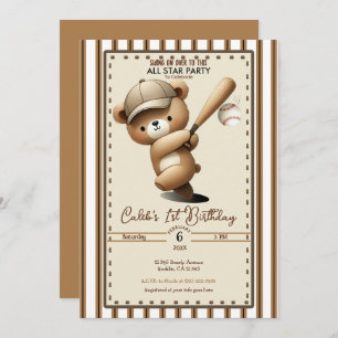 Homerun Hitter Stripe Baseball Bear 1st Birthday Invitation