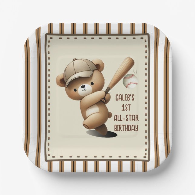 Homerun Hitter Stripe Baseball Bear 1st Birthday Paper Plates (Front)