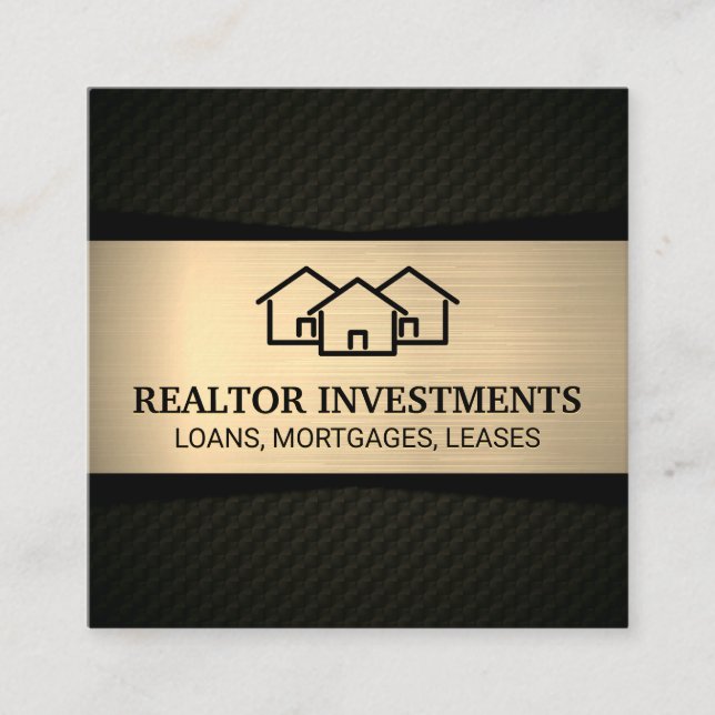 Homes Icon | Gold Metallic | Patterned Black Square Business Card (Front)