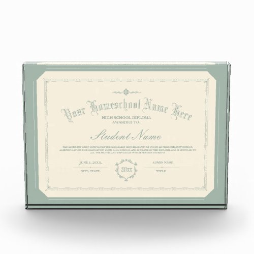 Homeschool Diploma Traditional Soft Green Acrylic Award