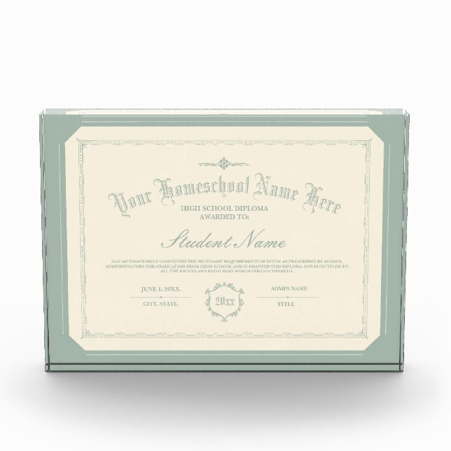 Homeschool Diploma Traditional Soft Green Acrylic Award (Front)