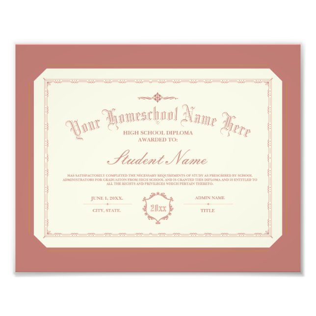 Homeschool Diploma Traditional Soft Red Photo Print (Front)