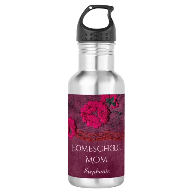 Homeschool Mom Purple Floral Stainless Steel Water Bottle (Front)