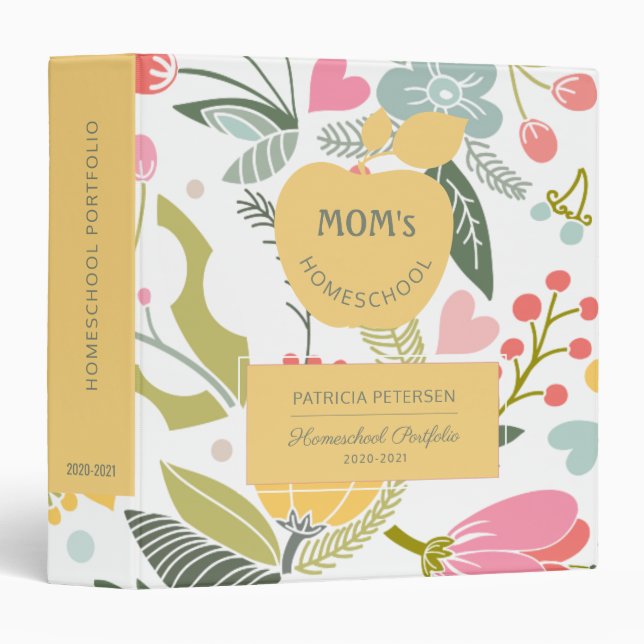 Homeschool portfolio pastel floral pattern yellow 3 ring binder (Front/Spine)