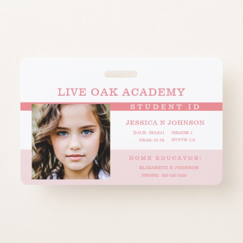 Homeschool Student ID Badge  Bubblegum Pink