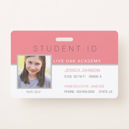 Homeschool Student ID Badge  Modern Pink