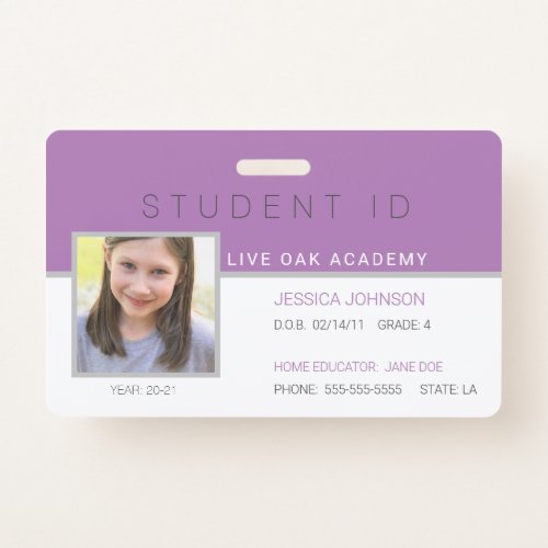 Homeschool Student ID Badge  Modern Purple