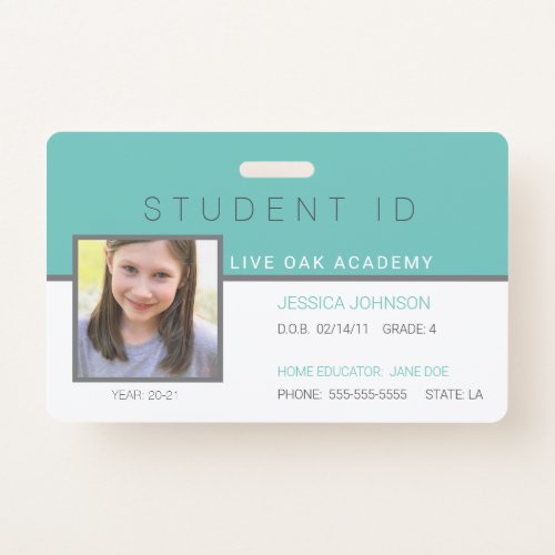 Homeschool Student ID Badge  Modern Teal