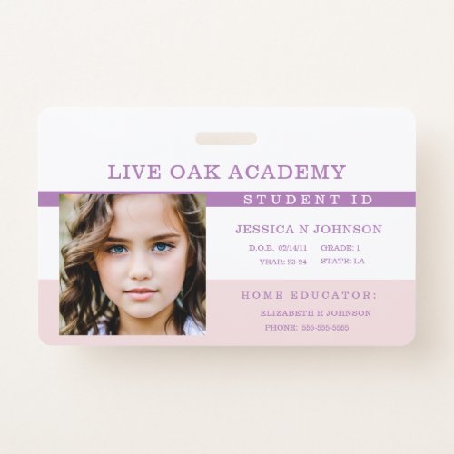 Homeschool Student ID Badge  Soothing Lavender