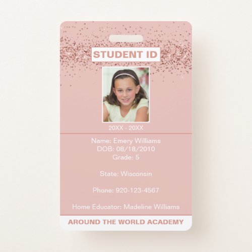 Homeschool Student ID Rose Gold Glitter Badge
