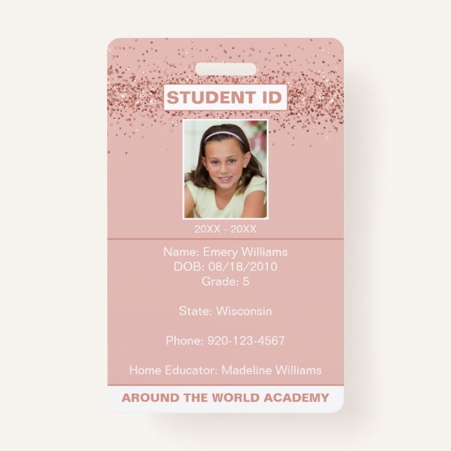 Homeschool Student ID Rose Gold Glitter Badge (Front)