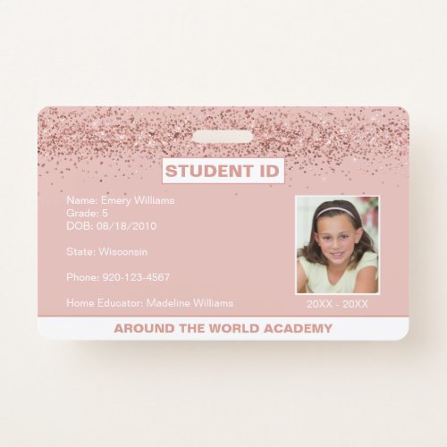 Homeschool Student ID Rose Gold Glitter Badge