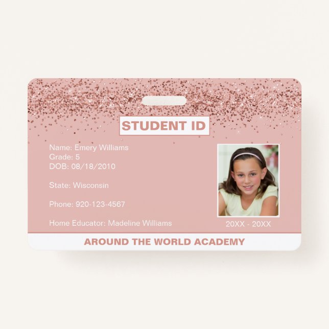 Homeschool Student ID Rose Gold Glitter Badge (Front)