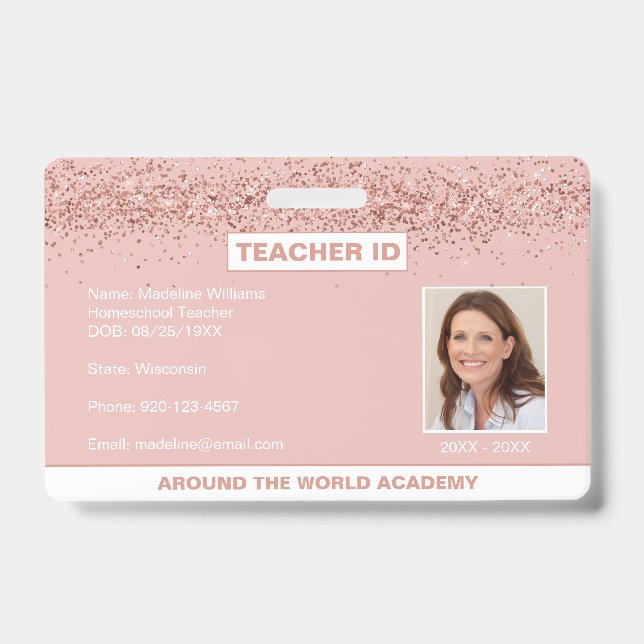 Homeschool Teacher ID Rose Gold Glitter Badge (Front)