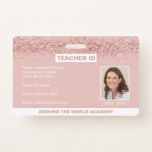 Homeschool Teacher ID Rose Gold Glitter Badge