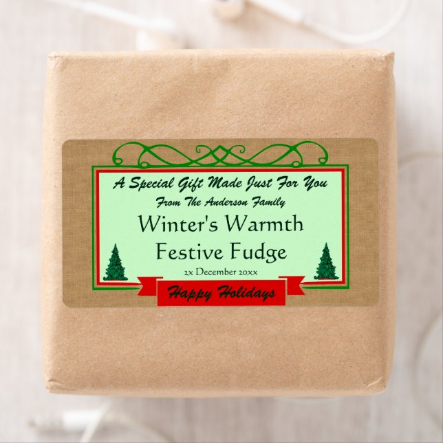 Homespun Burlap with Holiday Trees Framed Gift Label (Insitu)