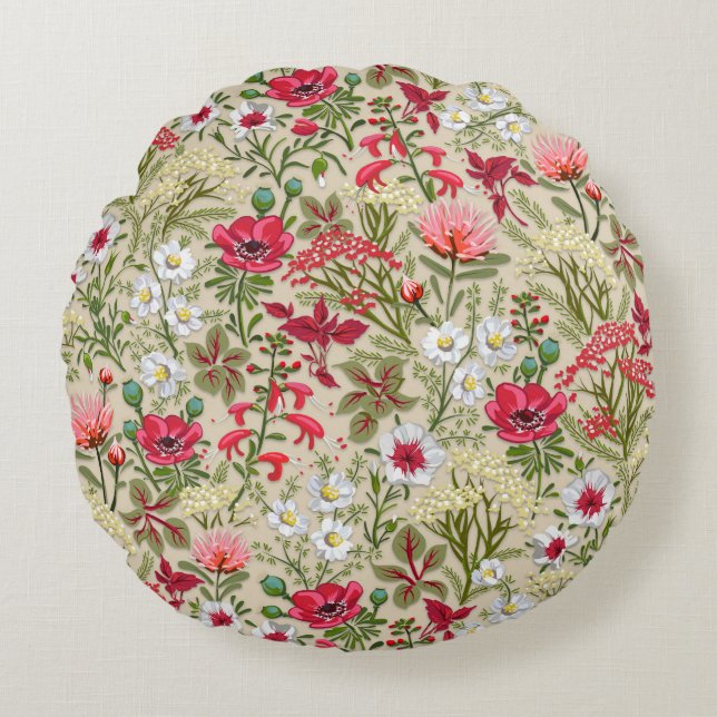Homespun Red Herb Garden Pattern Round Pillow (Front)