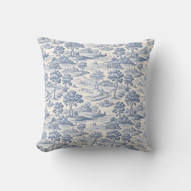 Homestead Blue Toile Throw Pillow (Front)