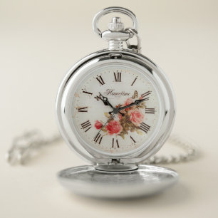 Hometime Old-Style Antique Red Roses Retro Rom Pocket Watch