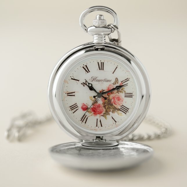 Hometime Old-Style | Antique Red Roses | Retro Rom Pocket Watch (Inside)