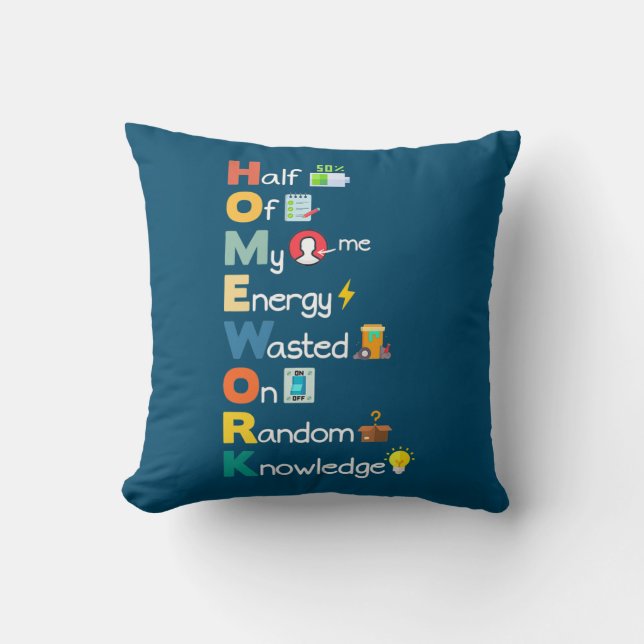 Homework Sarcastic Acronym Funny Humor Student Throw Pillow (Front)